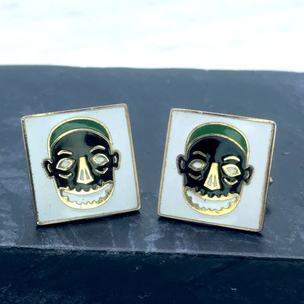 Vintage Swank Tribal Mask White Black Green Enamel Gold Bullet Back Cufflinks